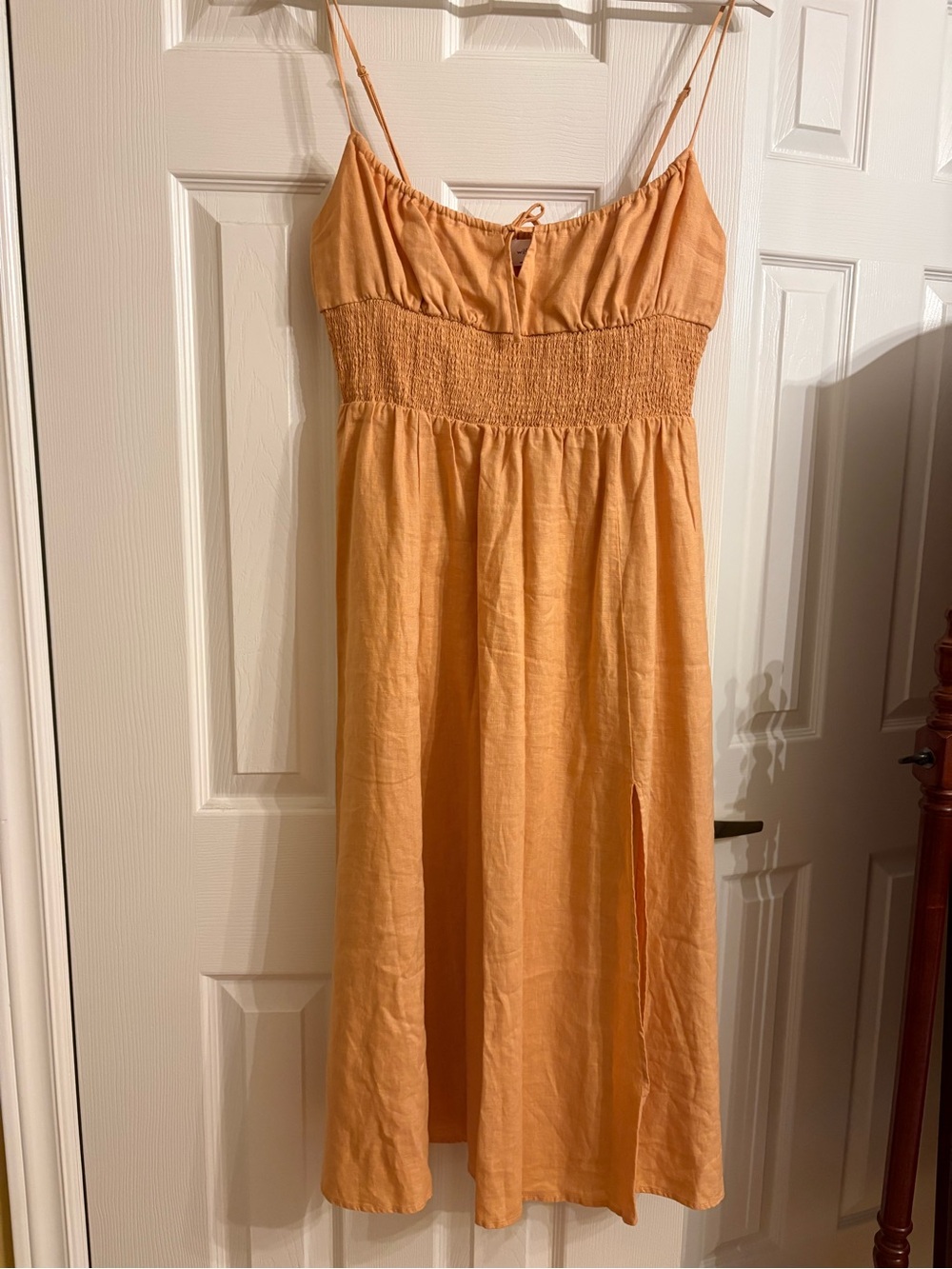 Wilfred Peach-Orange Linen Midi Dress with Smocked Bodice